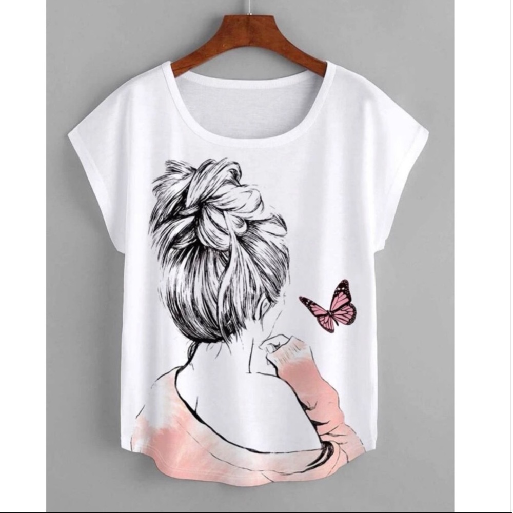 Lady and Butterfly Print Batwing Sleeve Tee